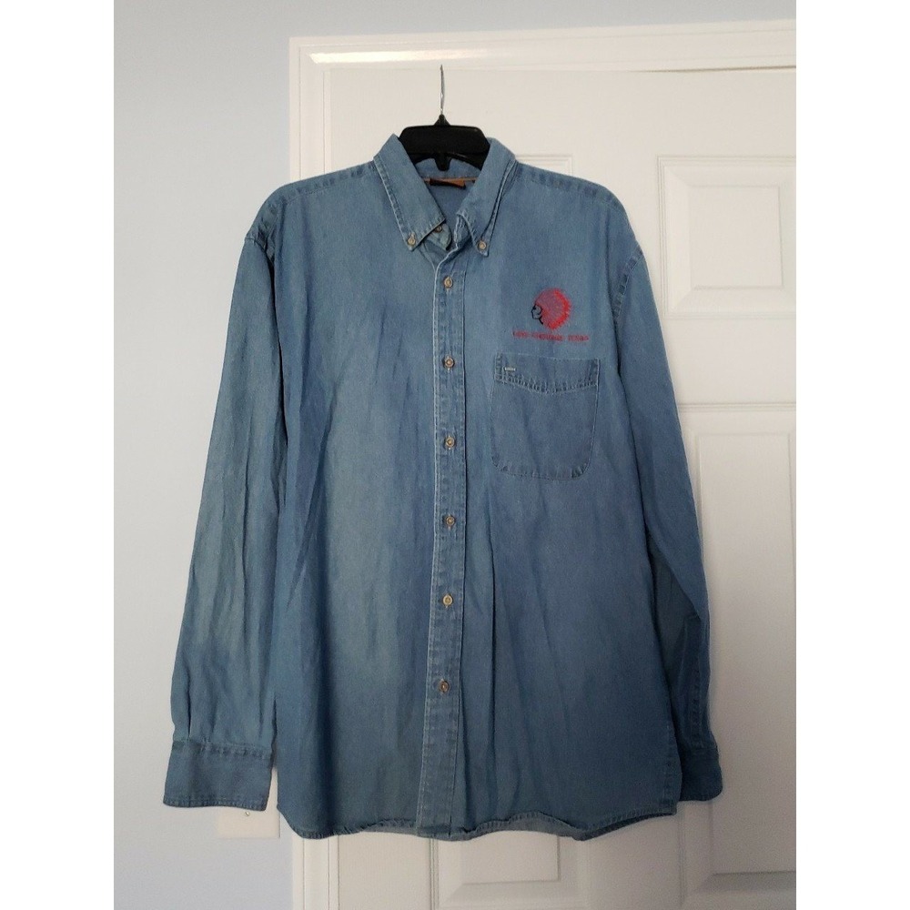 Harriton Mens denim Shirt Size Large Says Lake Cherokee‎ Texas Long Sleeve